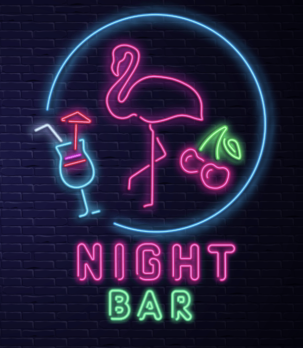 A bar sign. It says night bar, it has cocktail sigh, cherry, stressful aspects bartending job